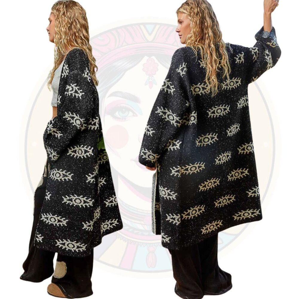 T394 POL Black and Cream Evil Eye Pattern Cardigan Sweater - Picture 2 of 2